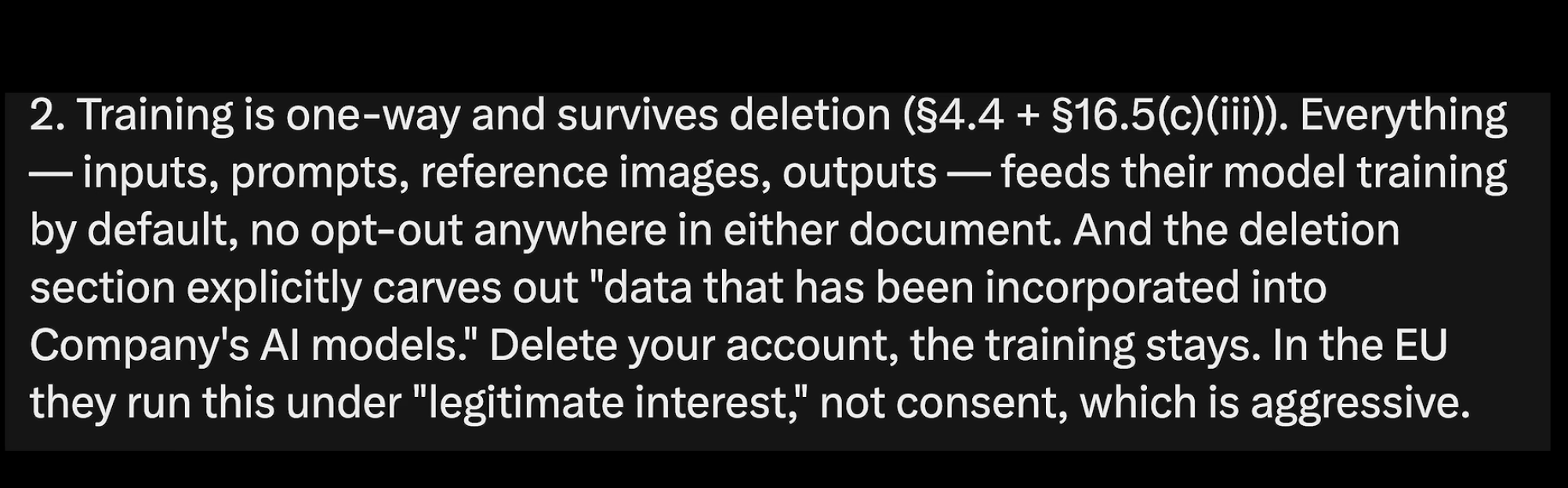 Screenshot of a critique discussing deletion and model-training retention.