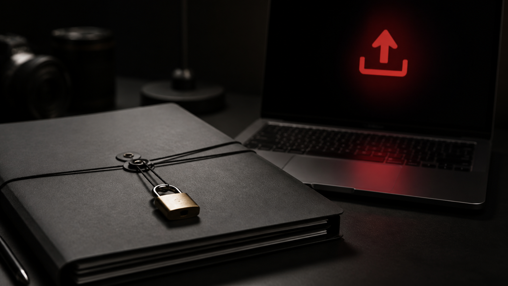 Editorial image of a locked client folder beside a red upload symbol.
