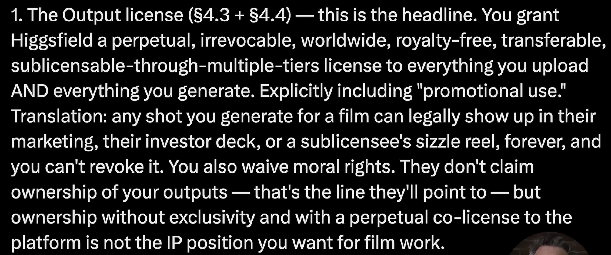 Screenshot of a critique discussing output-license language.