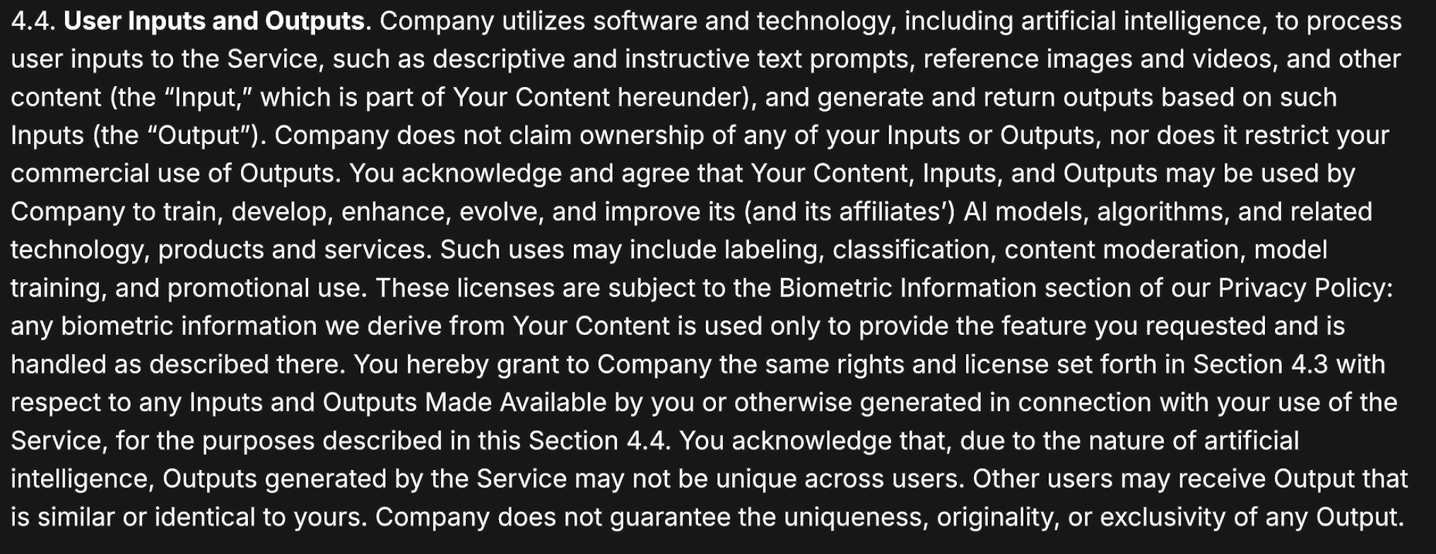 Screenshot of a Higgsfield terms excerpt about user inputs and outputs.